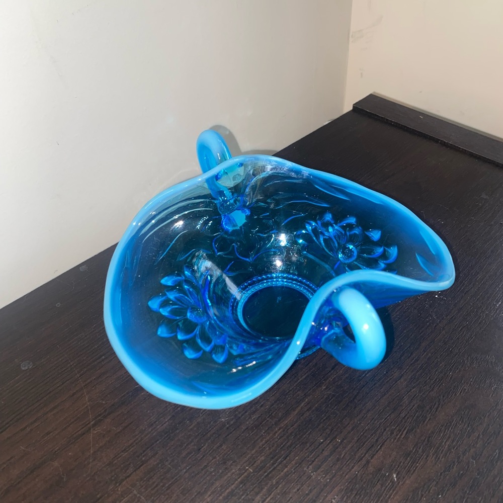 Blue opalescent, glass 2  handled basket RARE pattern